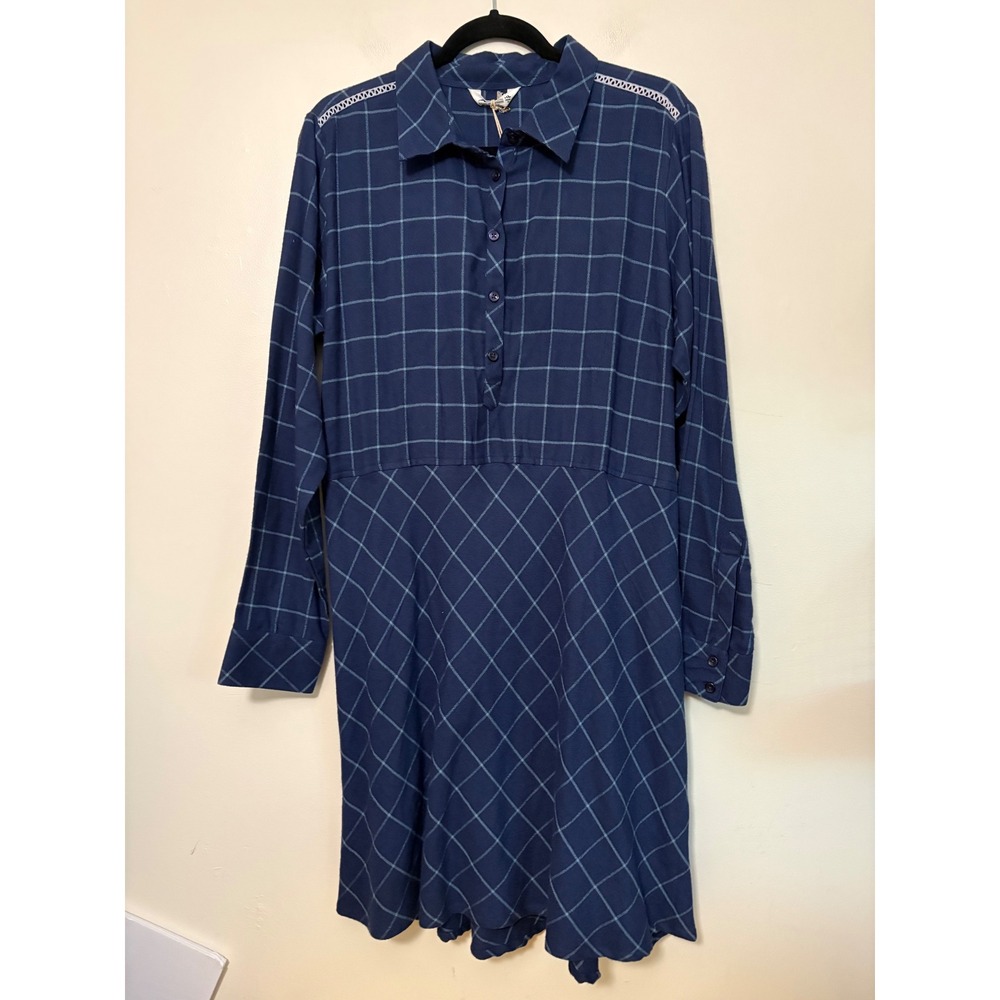 Mountain Khakis Scout Dress Womens XL Navy Blue Plaid Long Sleeve Button Front